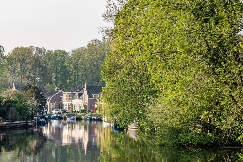 Scenic lakeside village with quaint houses, boats, and lush green trees.