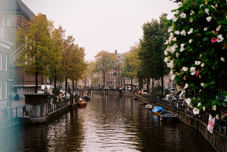 A picturesque view of Amsterdam's iconic canal lined with trees and boats.